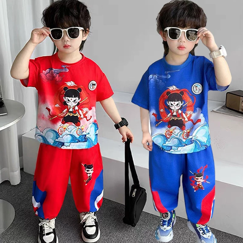 2025新款夏装帅气男孩哪吒衣服儿童男童夏季短袖两件套装薄款速干