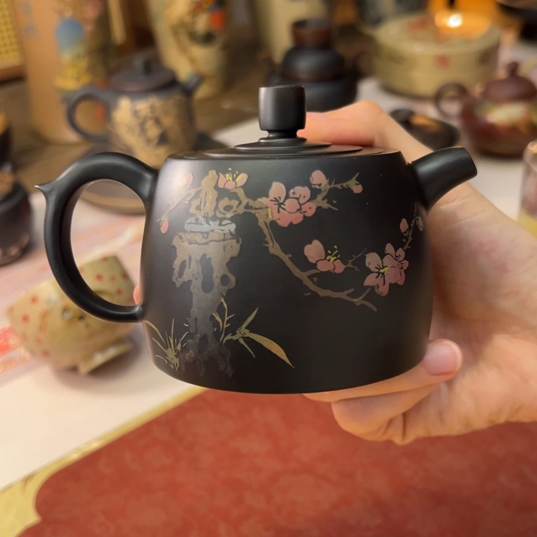建水紫陶纯手工刻填壶190cc球孔