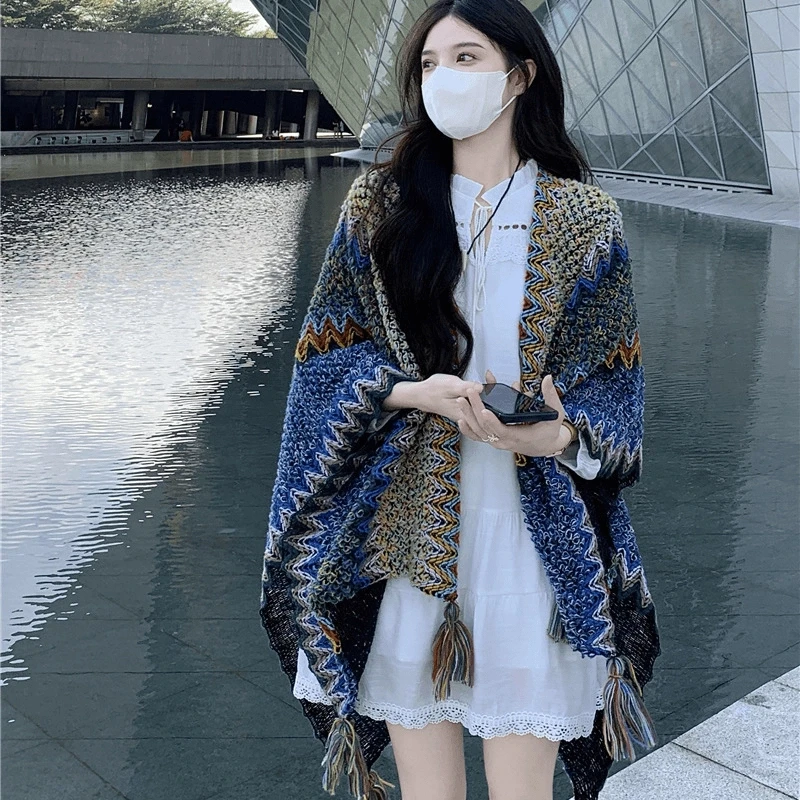 民族风披肩云南大理百搭穿搭斗篷外套女披风流苏围巾外搭针织披肩