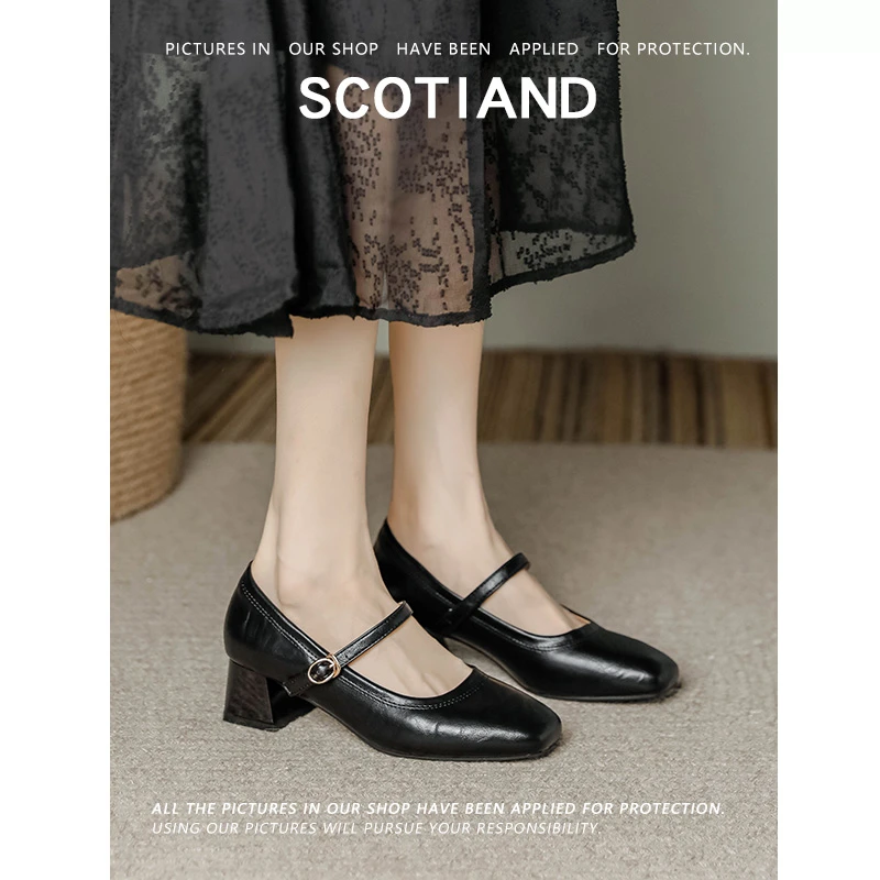 33-41码粗跟软底玛丽珍单鞋女红色复古方头中跟一字带真皮牛皮鞋