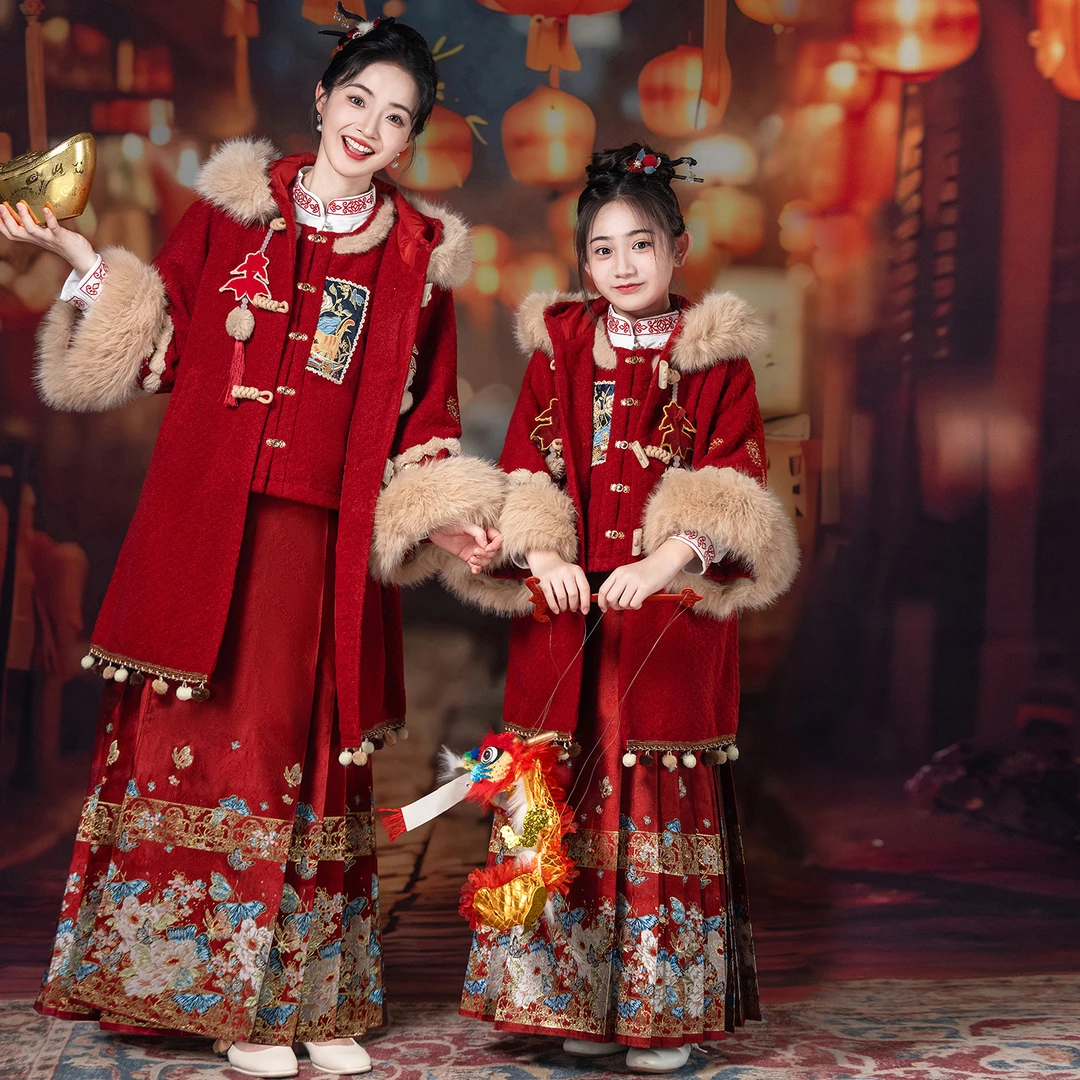 【忆江南】女童新中式冬加绒母女亲子马面裙红色过年套装明制汉服-6