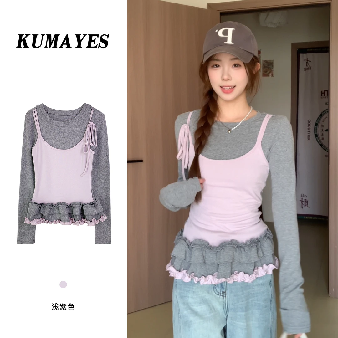 KUMAYES纯色长袖T恤假两件浅紫色拼接减龄外穿设计感时尚秋冬