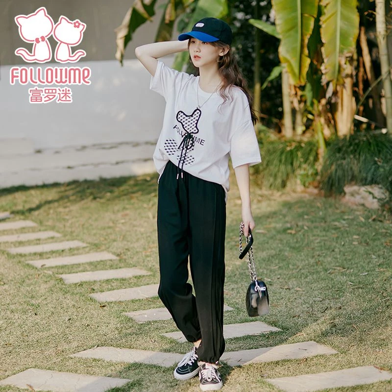 ①富罗迷少女运动套装春秋女童短袖T恤阔腿裤两件套FD3B8407T