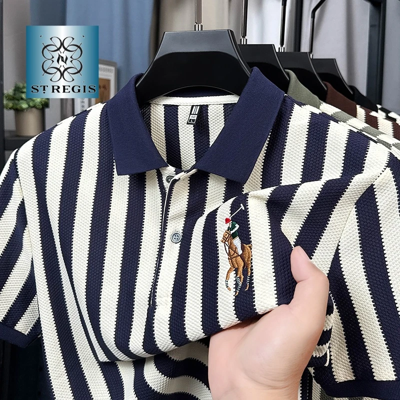「万针刺绣】夏季男装Polo衫宽松短袖条纹衫翻领针织百搭休闲时尚