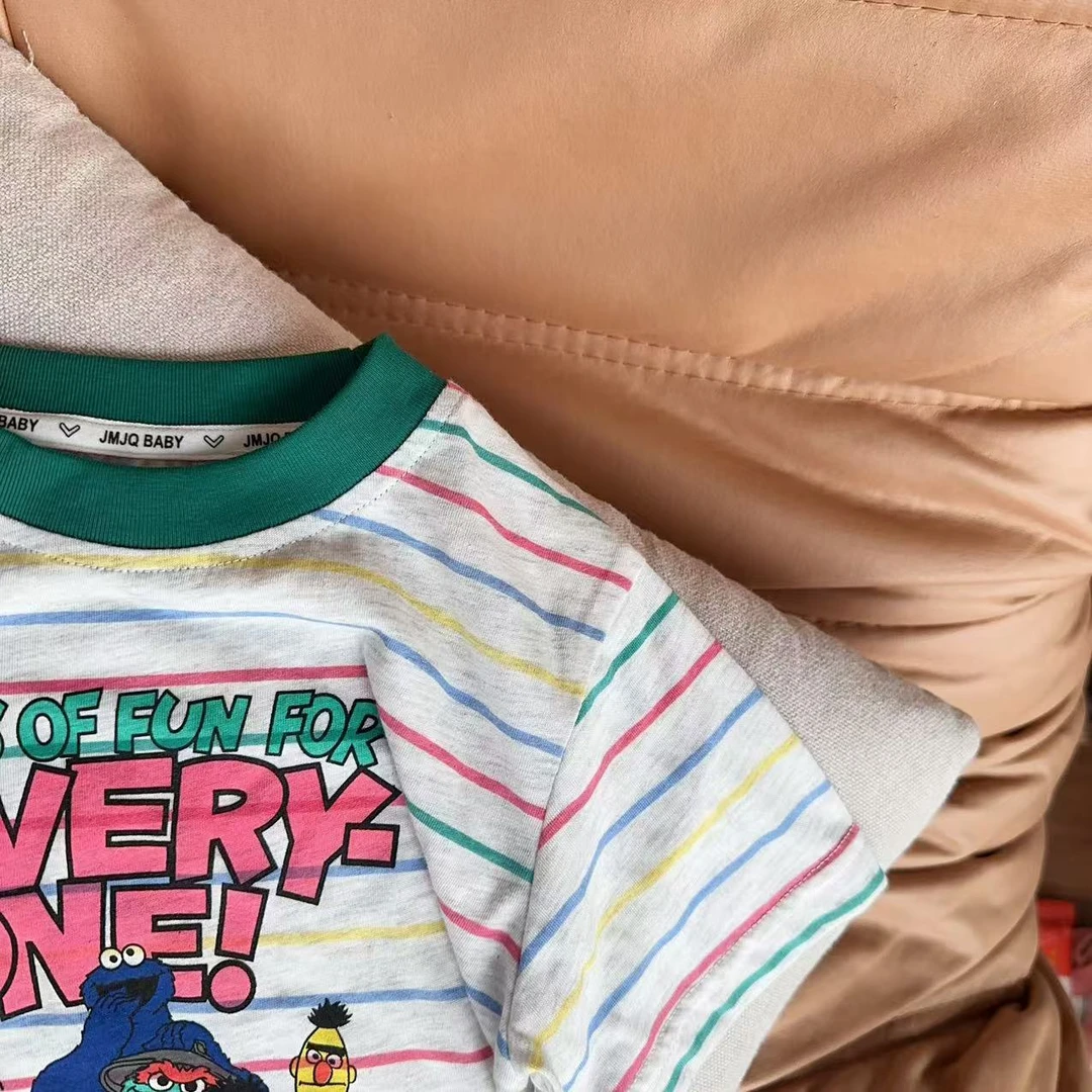【JMJQ 25190】夏季新款中小童韩版色织条纹清爽印花卡通短袖体恤