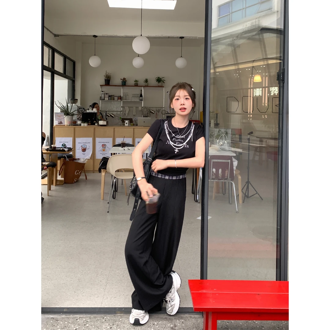 切糕自制【长腿秘籍】小个子夏季女黑色格纹美式显高小众阔腿休闲裤