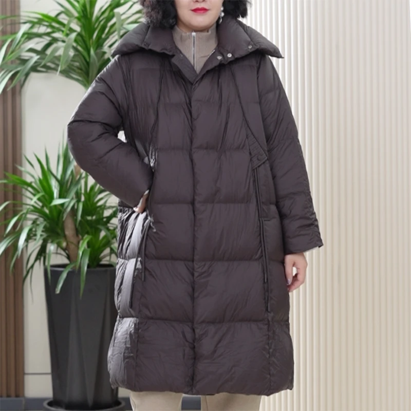 90白鸭绒羽绒服女大码保暖百搭立领加厚休闲中长款过膝冬季外套