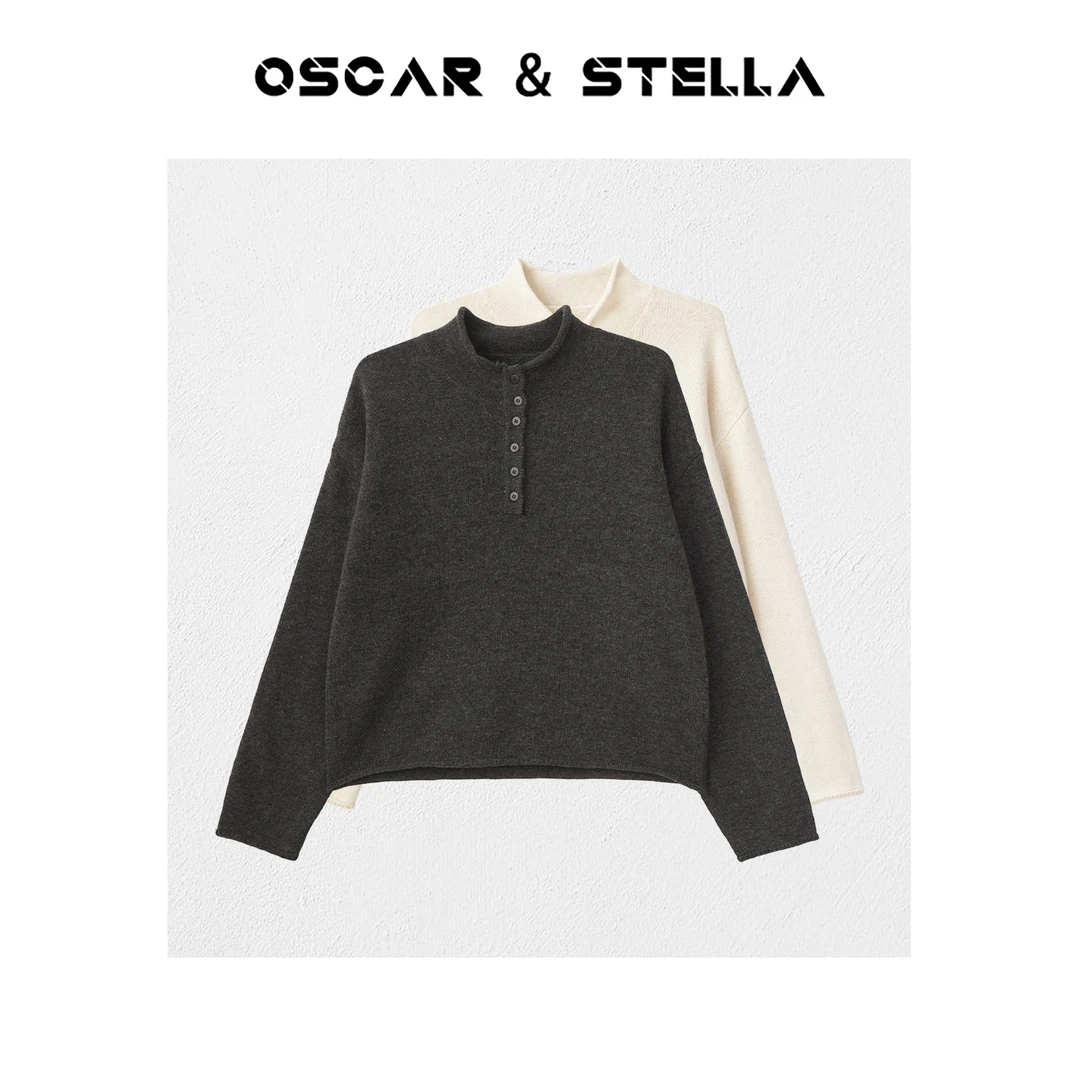 OSCAR&STELLA时尚宽松气质休闲针织纽扣圆领长袖毛衣34-122503