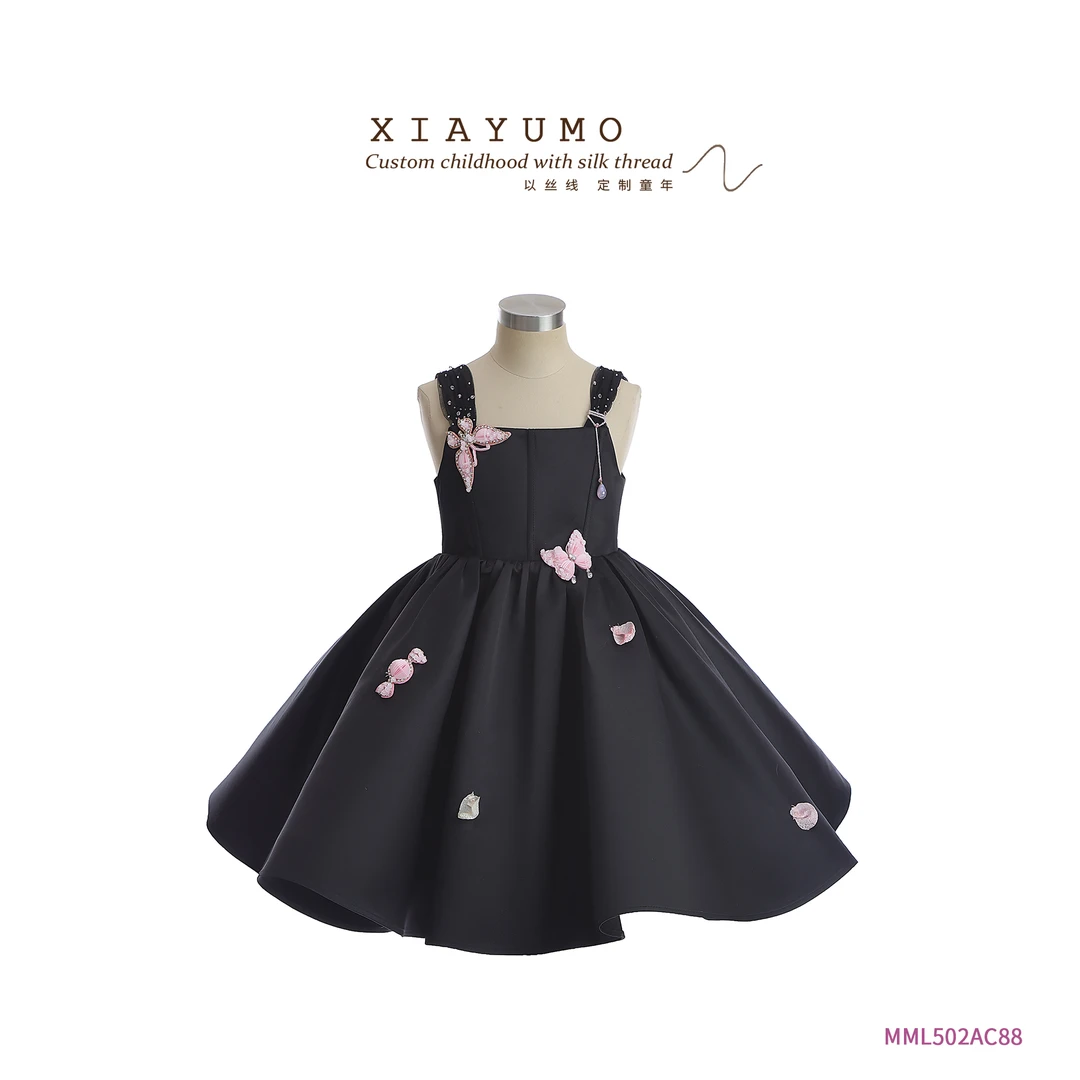 夏羽墨女童早春新款黑色无袖短款主持刺绣小花公主礼服裙