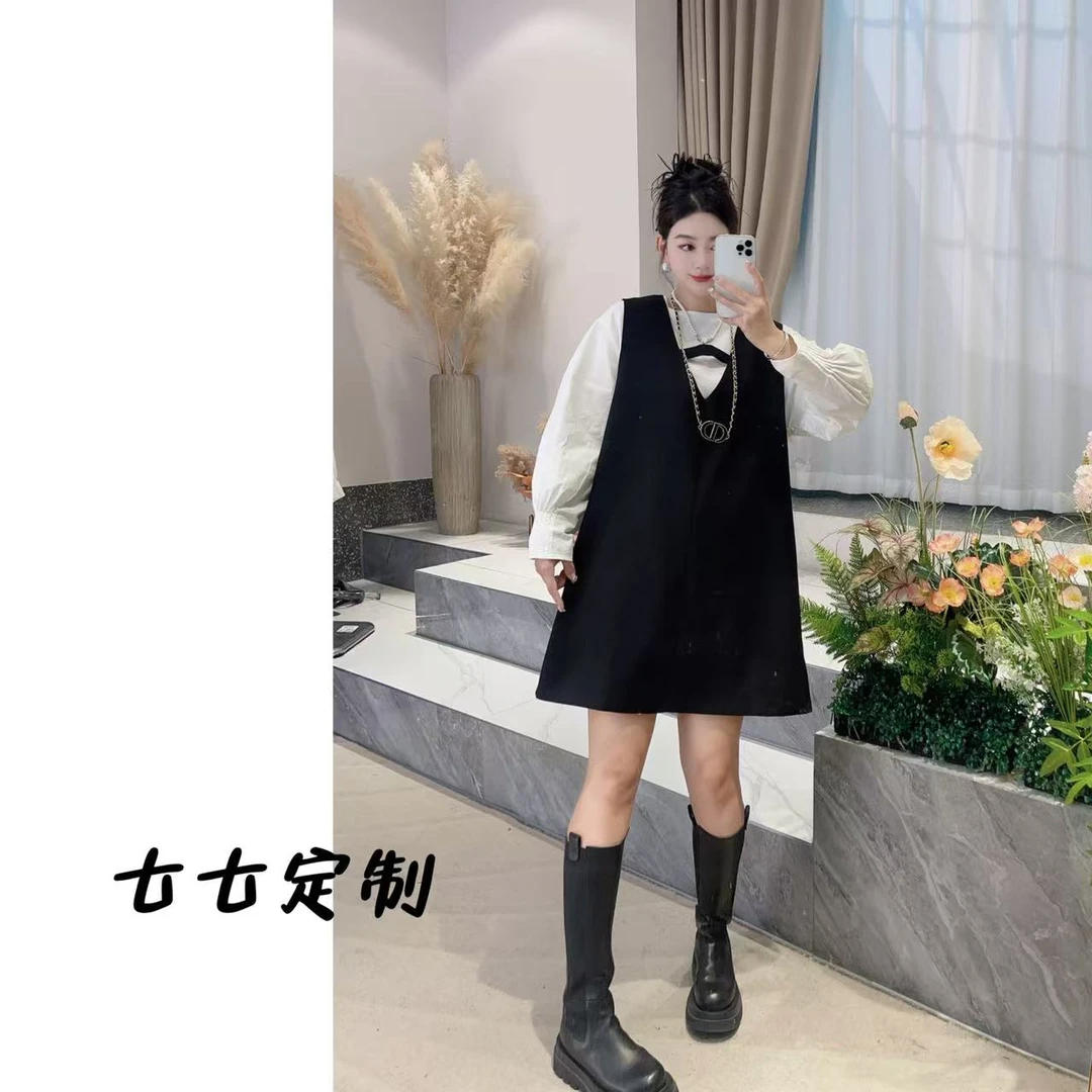法式减龄中长裙袖口褶皱白衬衫+背带连衣裙女两件套4645