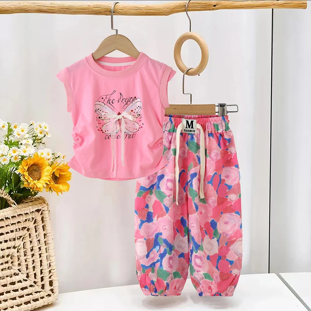 公主风女童两件套夏装-2025新款洋气甜美蝴蝶结背心+防蚊裤套装