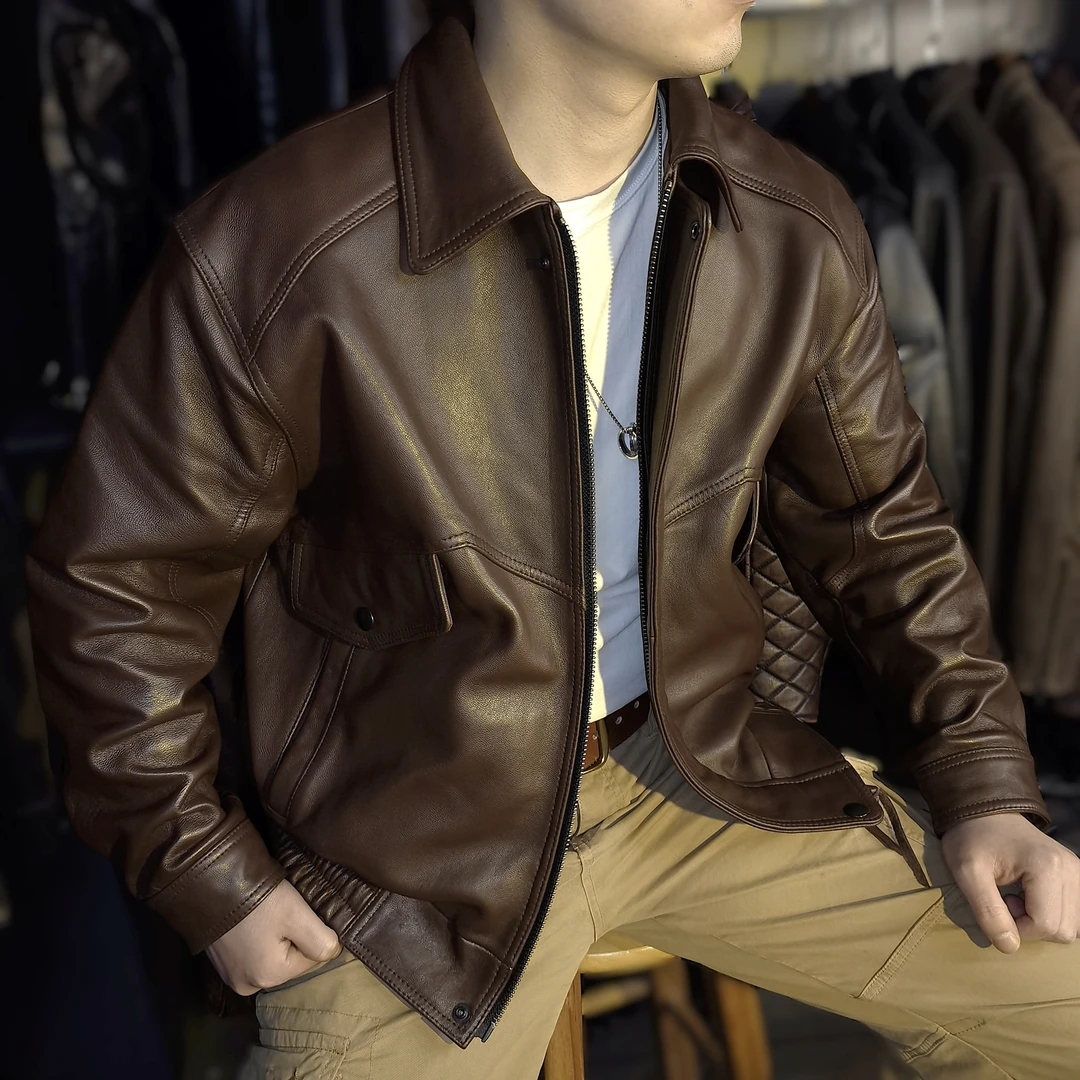 无涂水染植鞣山羊皮皮衣真皮皮衣男士翻领休闲时尚潮流春秋皮夹克