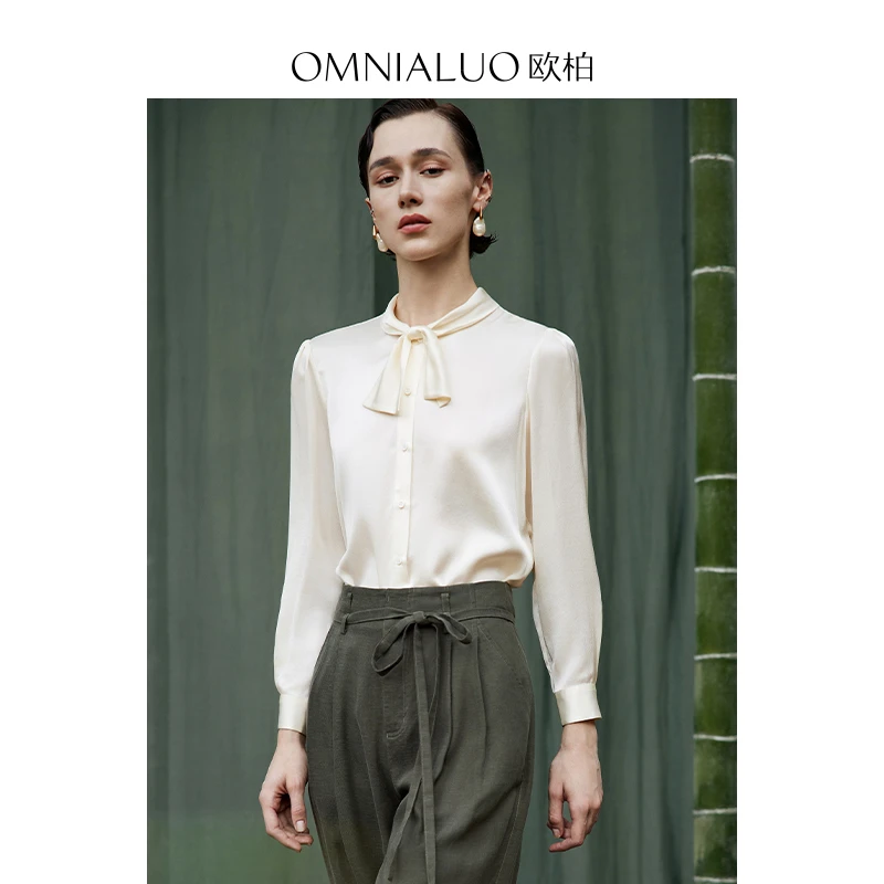 欧柏兰奴高端重磅真丝飘带衬衫女长袖2025春轻奢OL职场桑蚕丝上衣