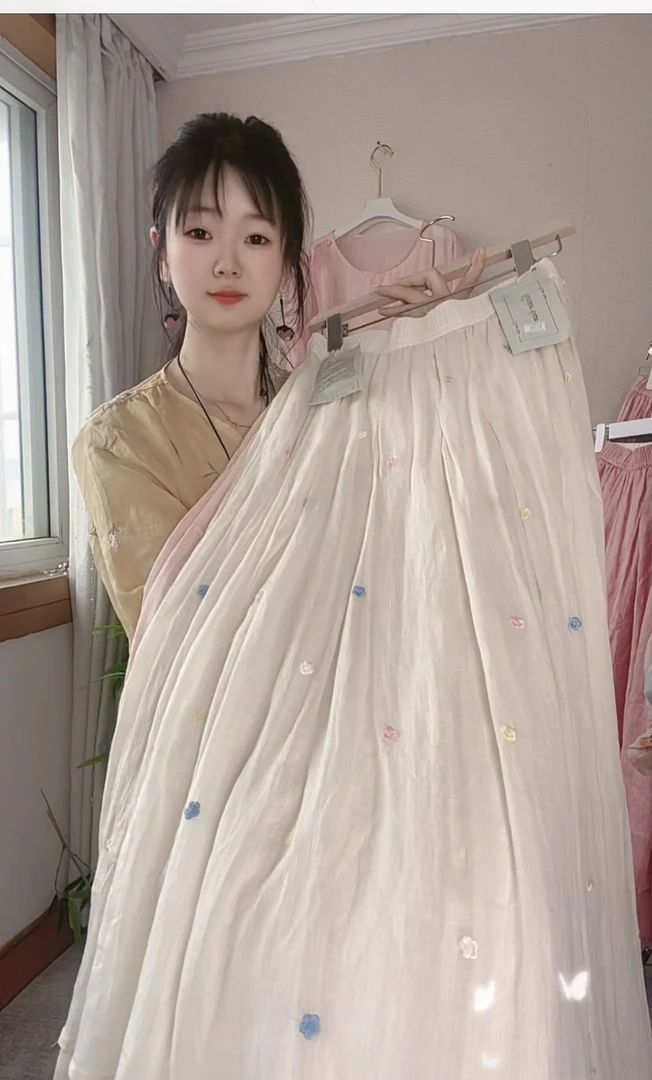 夏季古风苎麻中国风汉元素飘逸花花刺绣A字遮胯显瘦女士半身裙