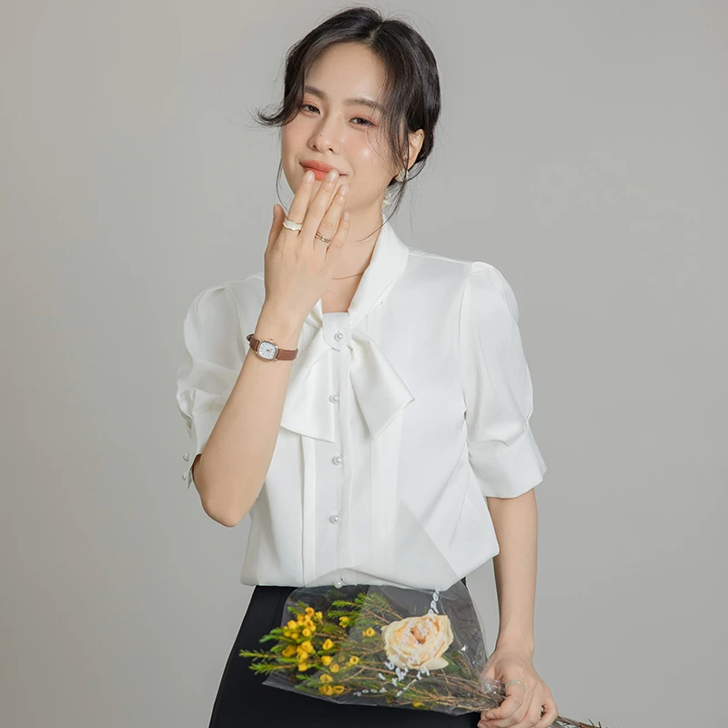 夏季新薄款轻奢法式泡泡袖衬衫雪纺衫蝴蝶结百搭宽松气质中袖上衣