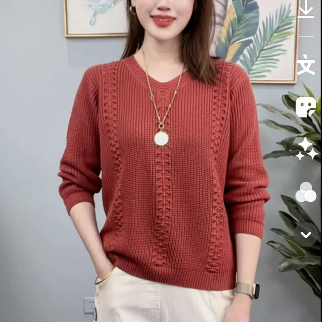 春秋洋气百搭长袖针织衫女大码时尚镂空V领秋季宽松洋气妈妈装