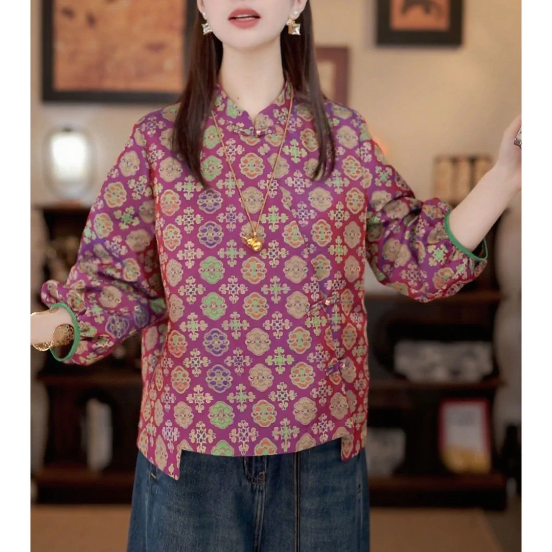 2025秋季新款时尚新中式百搭休闲上衣洋气显瘦设计感印花长袖小衫