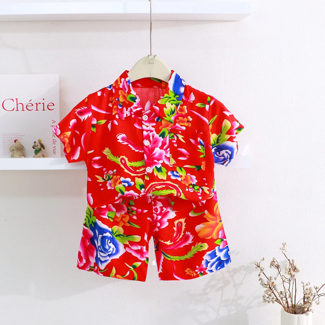 夏季东北大花男宝翻领衬衫短袖短裤套装儿童棉绸薄款中国风民族风