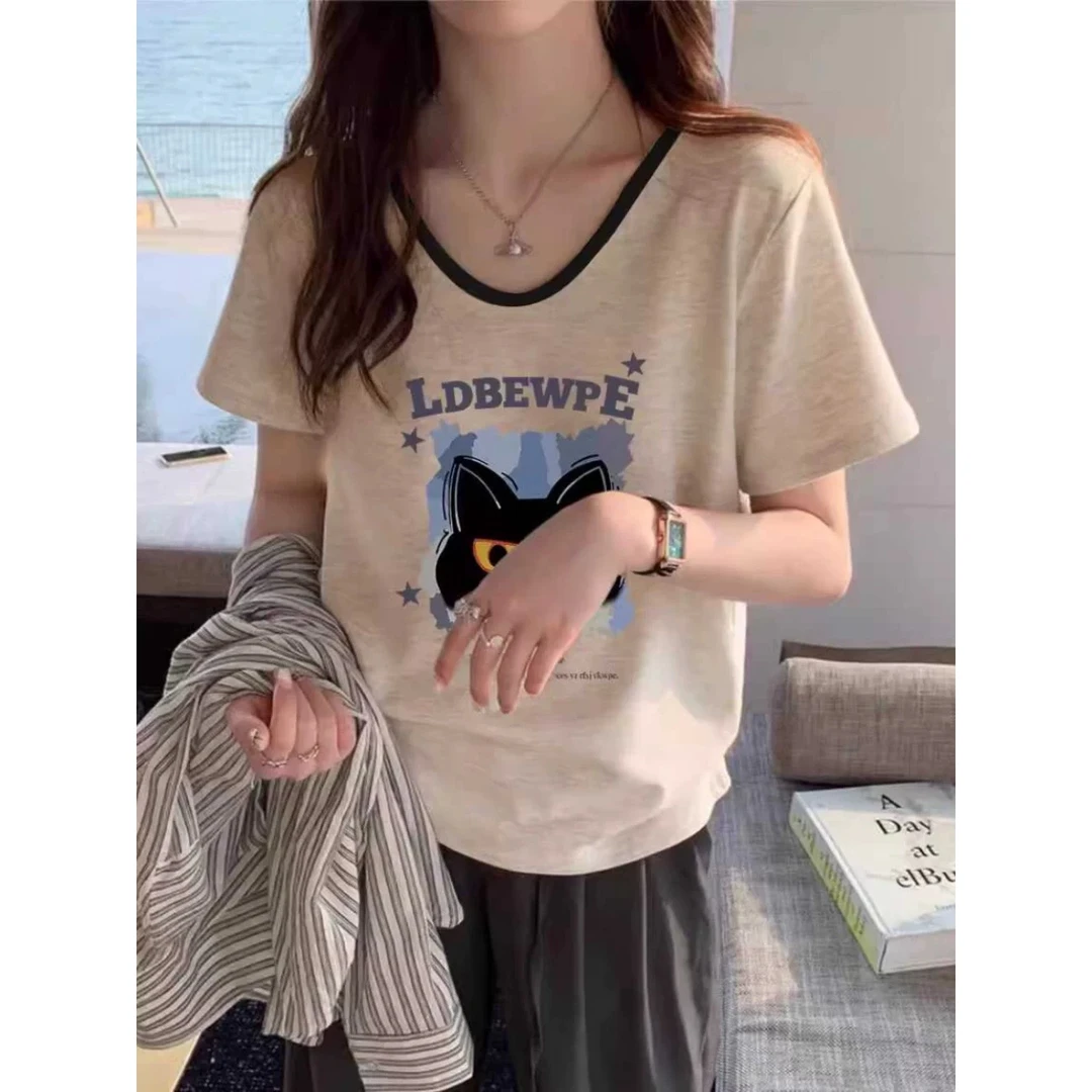 大码胖mm设计感v领短袖t恤女2025夏季新款爆款宽松慵懒风微胖上衣