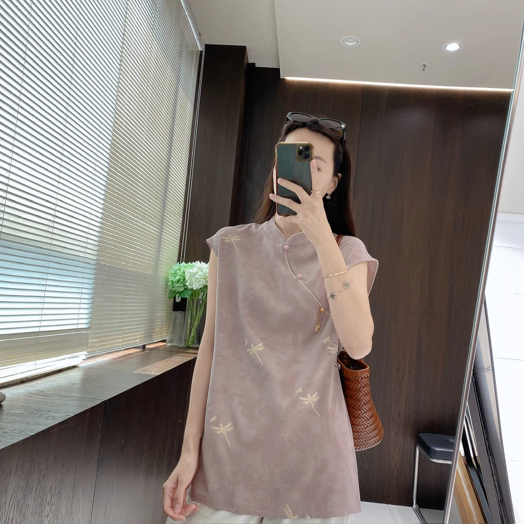 IMFLY金小金自制女装 小衫DYW9550新中式蜻蜓印花上衣女