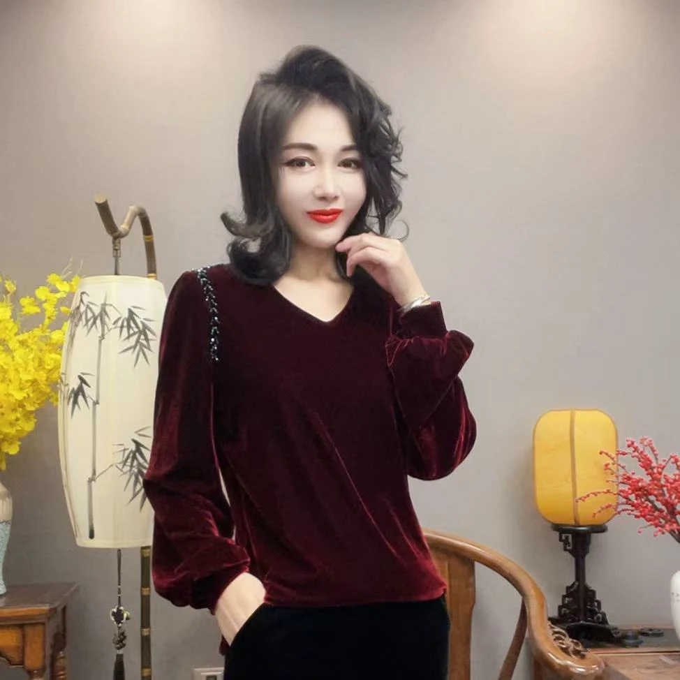 【峰姐甄选】时尚串珠ｖ领丝绒衫86393【QJ】