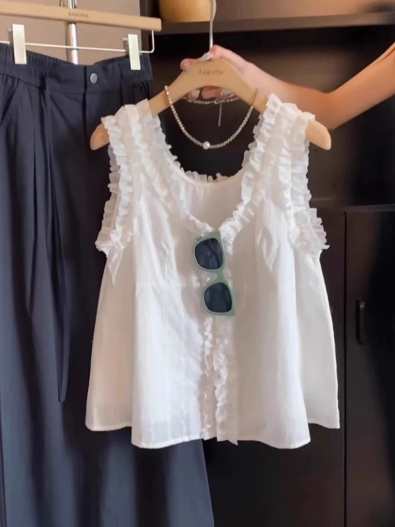 棉法式白色木耳边v领吊带背心女夏2025新款高级感宽松显瘦上衣