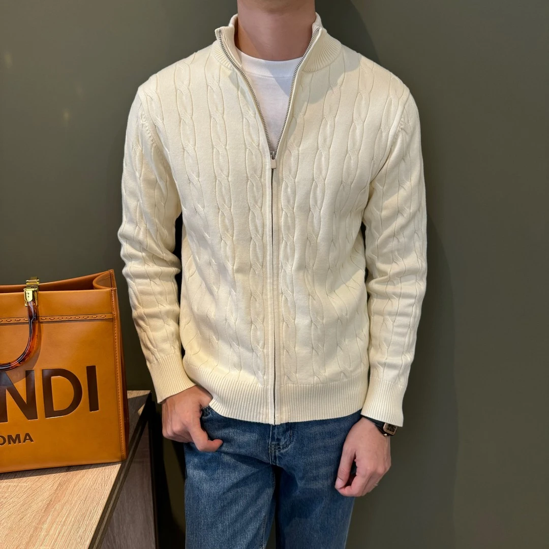 秋冬新款麻花纹理立领针织衫男士修身纯色拉链老钱风毛衣亲肤外套