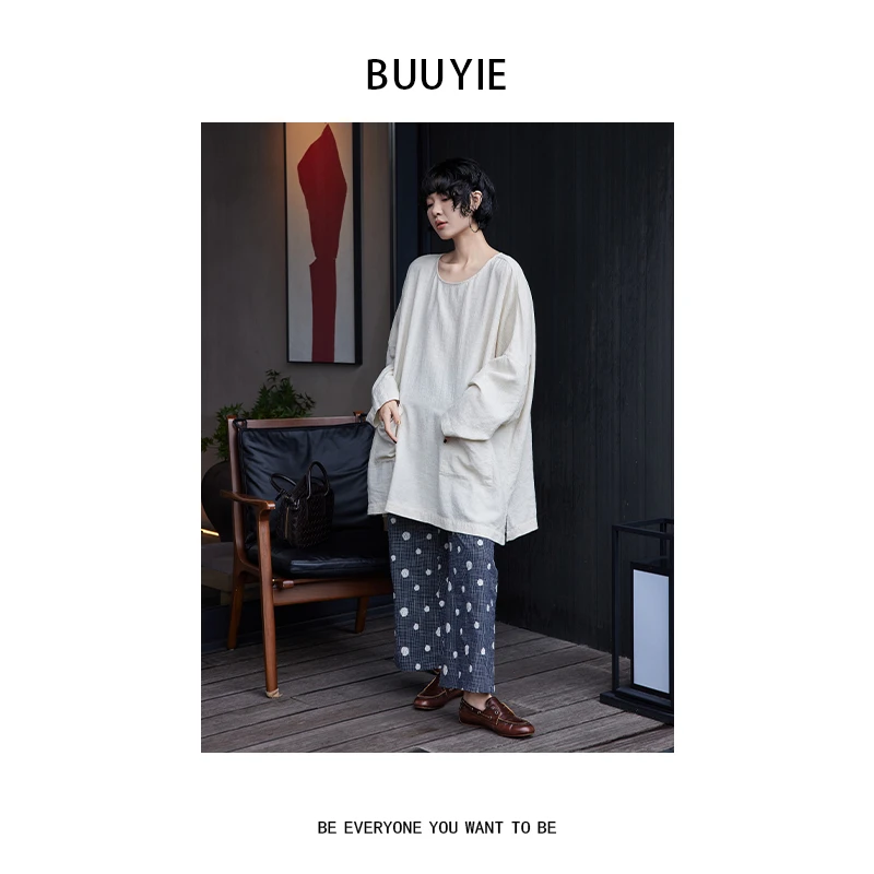 BUUYIE 25SS【‌清晏‌】松弛百搭款原麻色圆领上衣 250711
