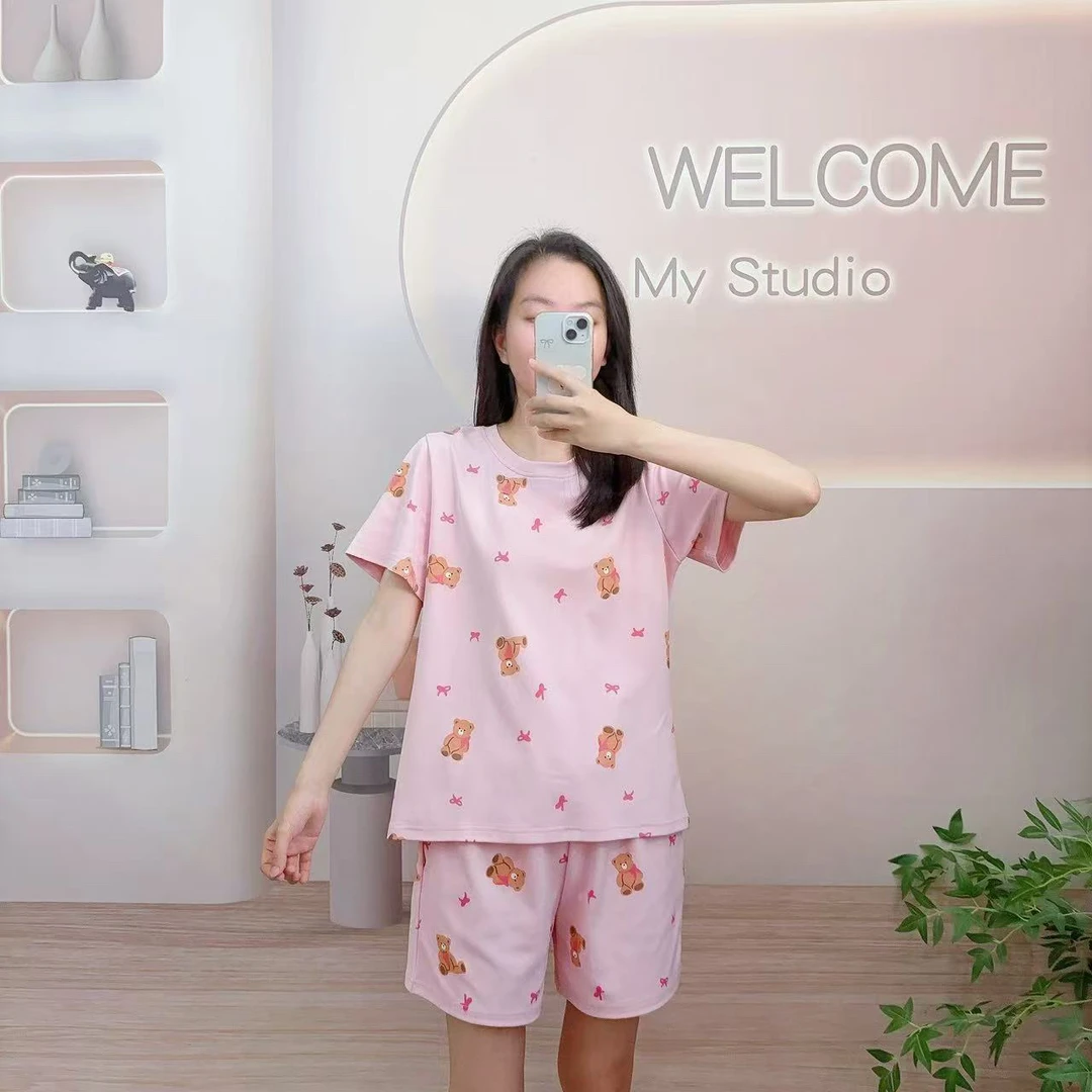 夏季女士带胸垫棉质圆领短袖短裤睡衣宽松亲肤可外穿