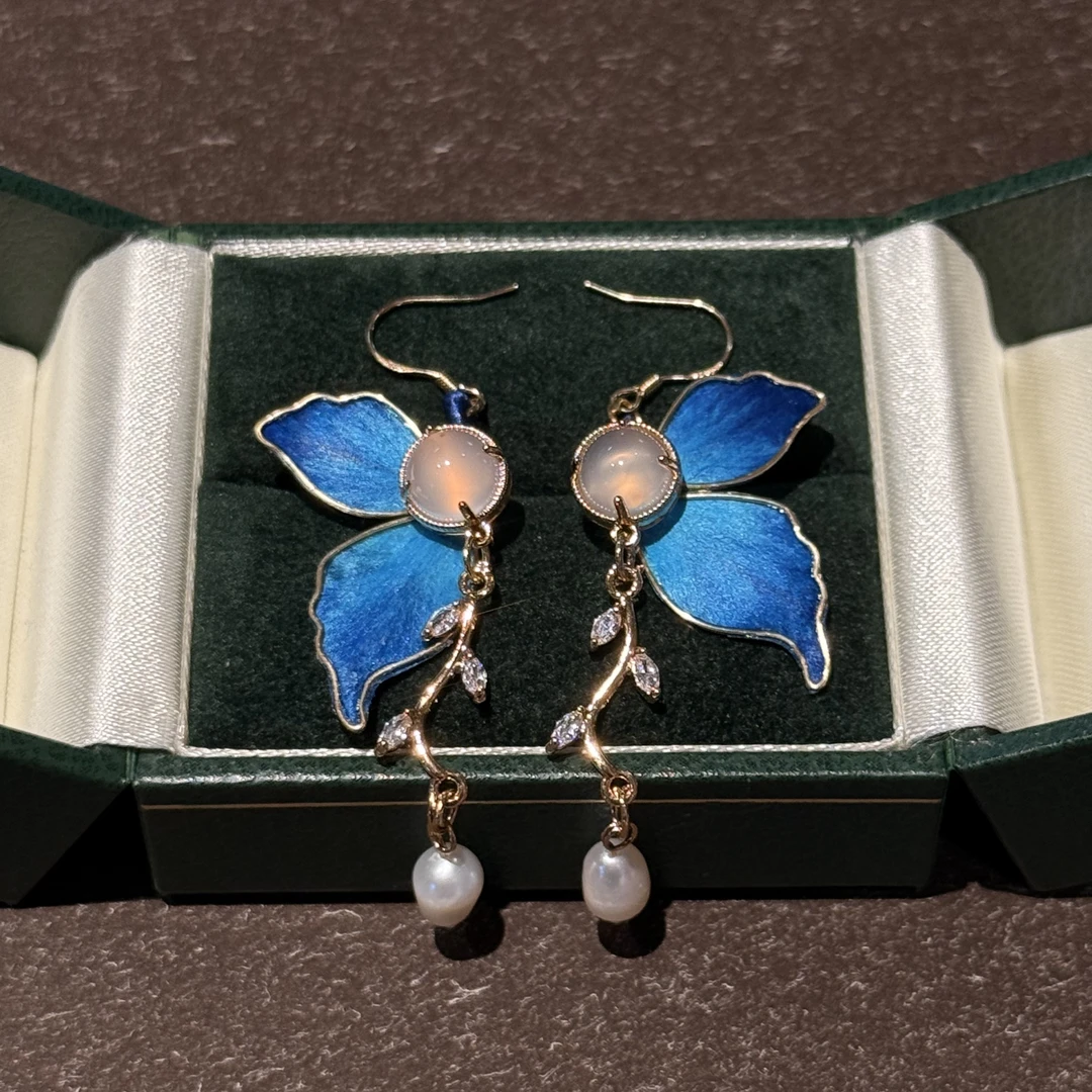 蓝蝴蝶掐丝耳环 非遗手工艺绒花耳环饰品