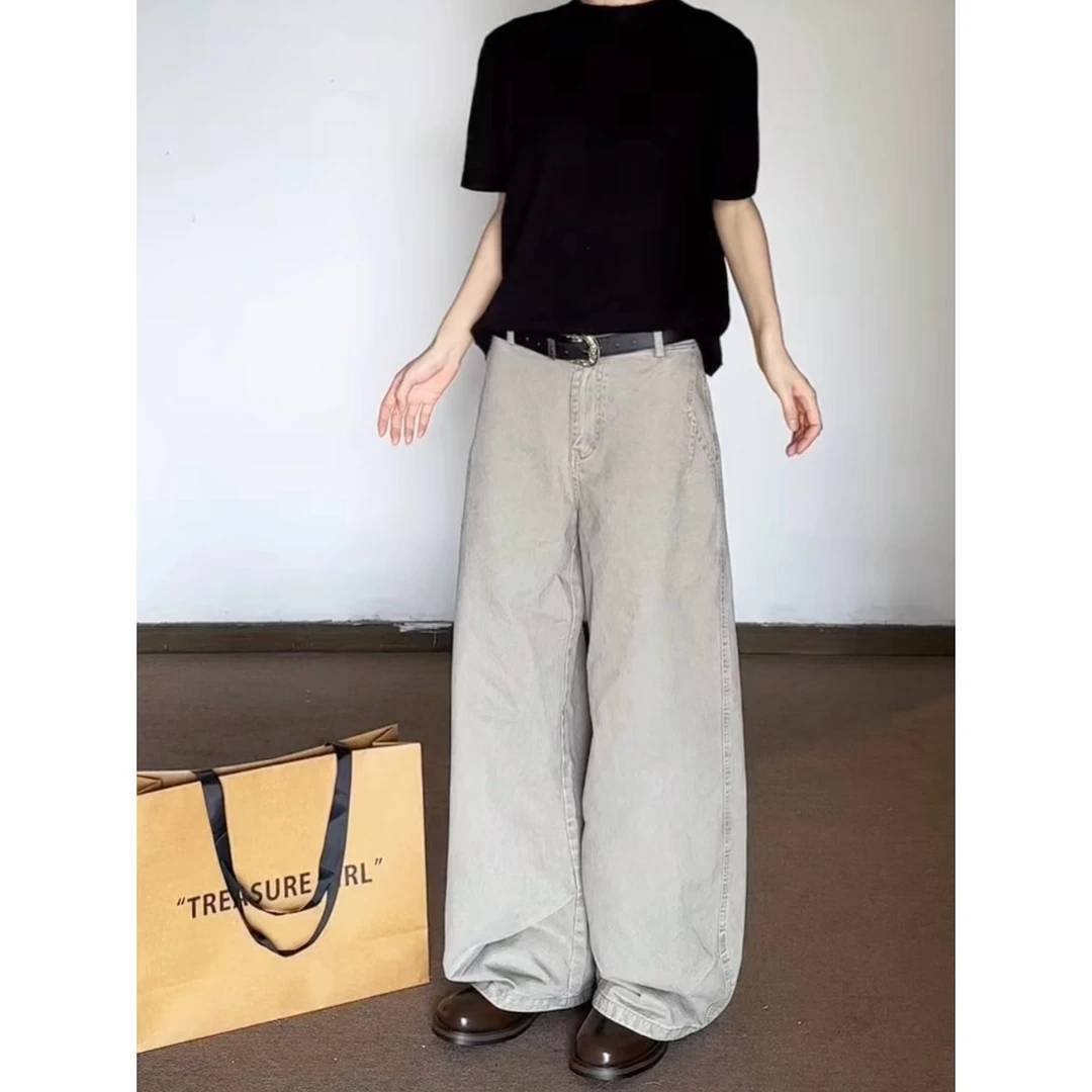 SHAN9000弯刀打褶镰刀结构阔腿夏季宽松百搭牛仔长裤