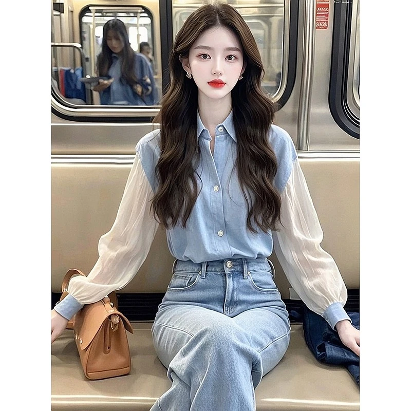 今年流行漂亮小衫法式奶系温柔遮肚子设计感小众蓝色衬衫早春