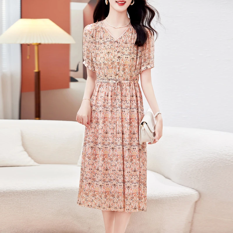 真丝连衣裙女印花中长款收腰优雅显瘦2025年夏新款杭州桑蚕丝裙子