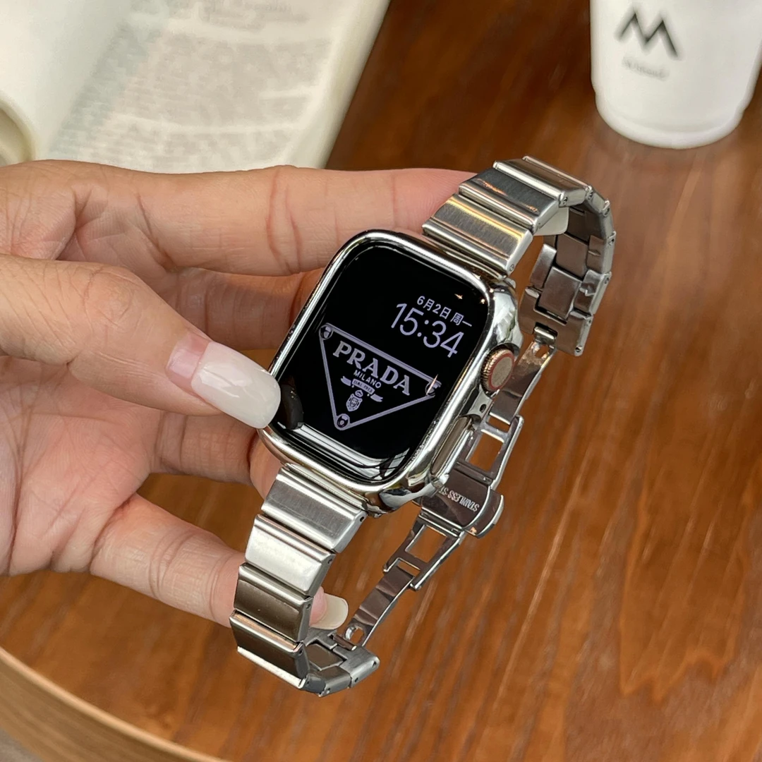 表带哥适用于iwatchs11金属钢带新款一珠修身watchS9蝴蝶扣表S8