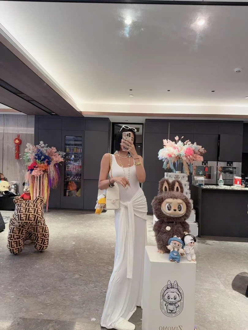 DOUWU【泡泡糖果】白蓝黄三色背心裙长裙净版腰带系带QZ13921