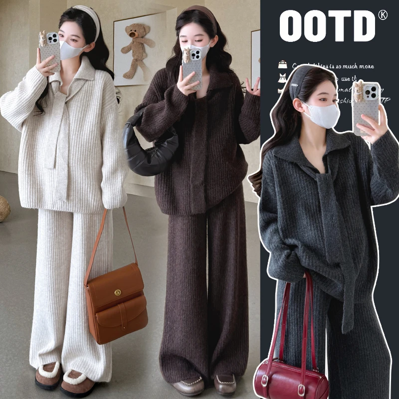 孕妇套装秋冬翻领领巾拉链时尚毛衣休闲套装显瘦时尚外穿孕妇装