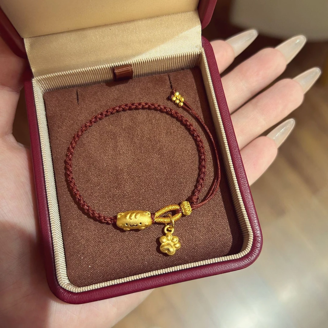 瑞诺黄金小猫手链足金999可爱猫爪编织手绳小众生日礼物送女友