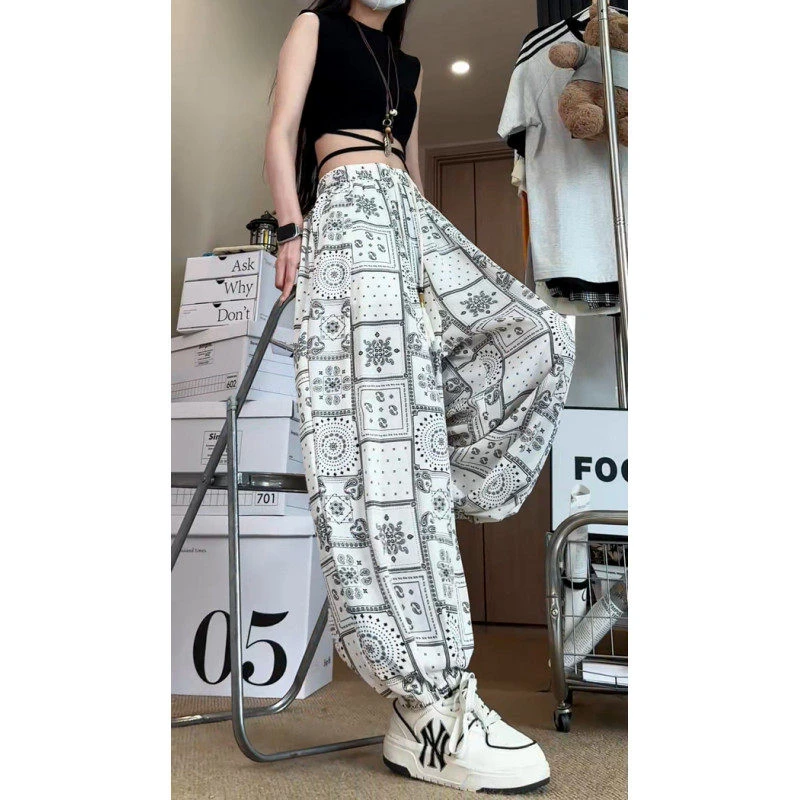 国潮加大码胖子灯笼裤男女民族风印花冰丝裤夏季轻薄款宽松运动裤