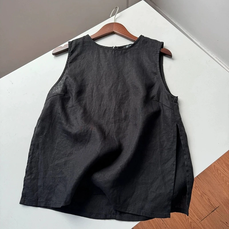 夏季薄款棉麻开衩背心女士简约宽松百搭显瘦圆领t恤无袖衬衫上衣