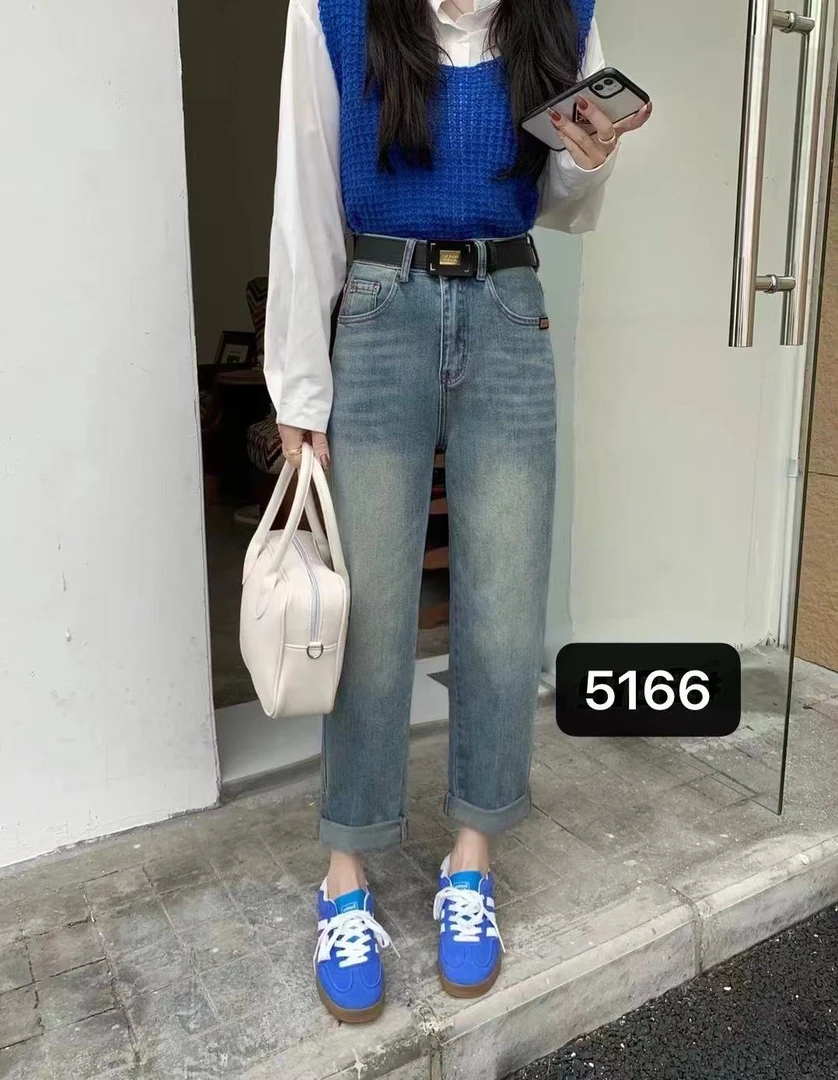 5166款春秋高腰宽松浅蓝色显瘦哈伦复古老爹女牛仔裤