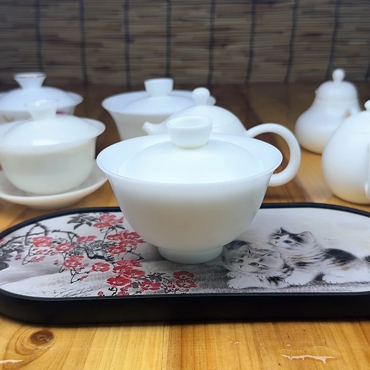 素烧高冰种二才撇口盖碗