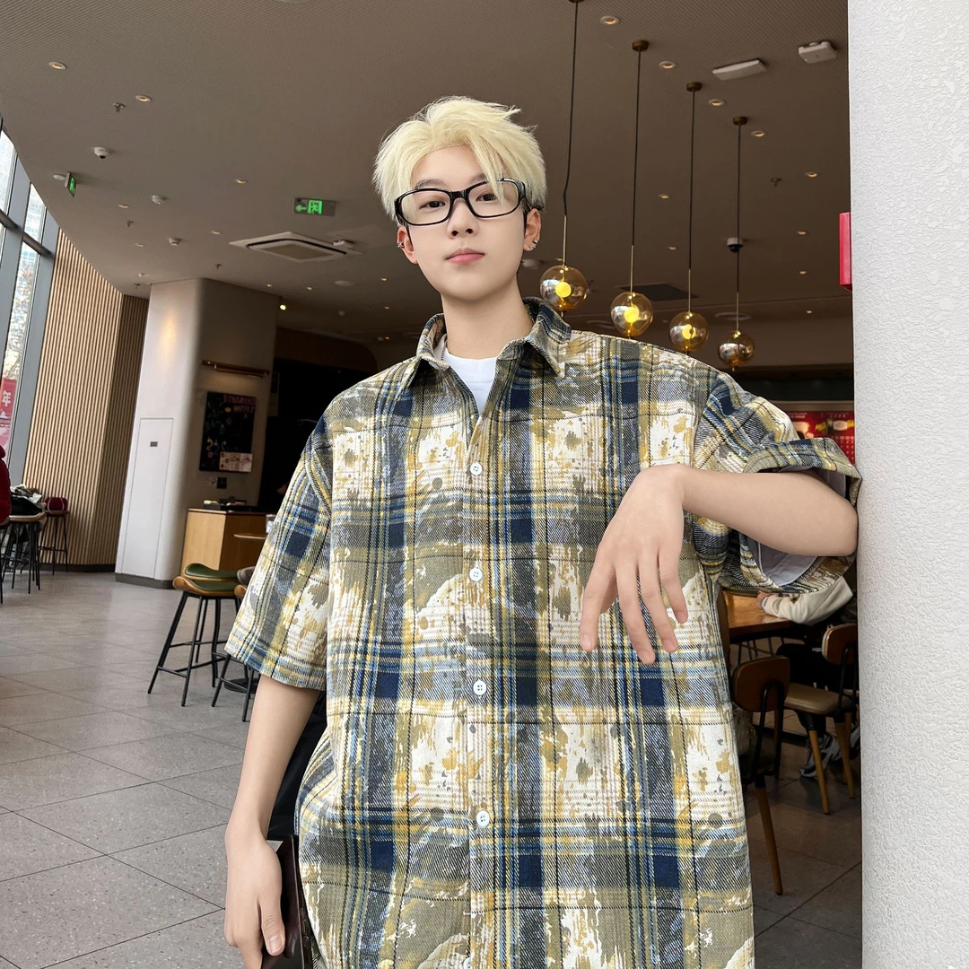 春夏新款格子衬衫短袖美式百搭撞色外套休闲百上衣青少年重磅男士