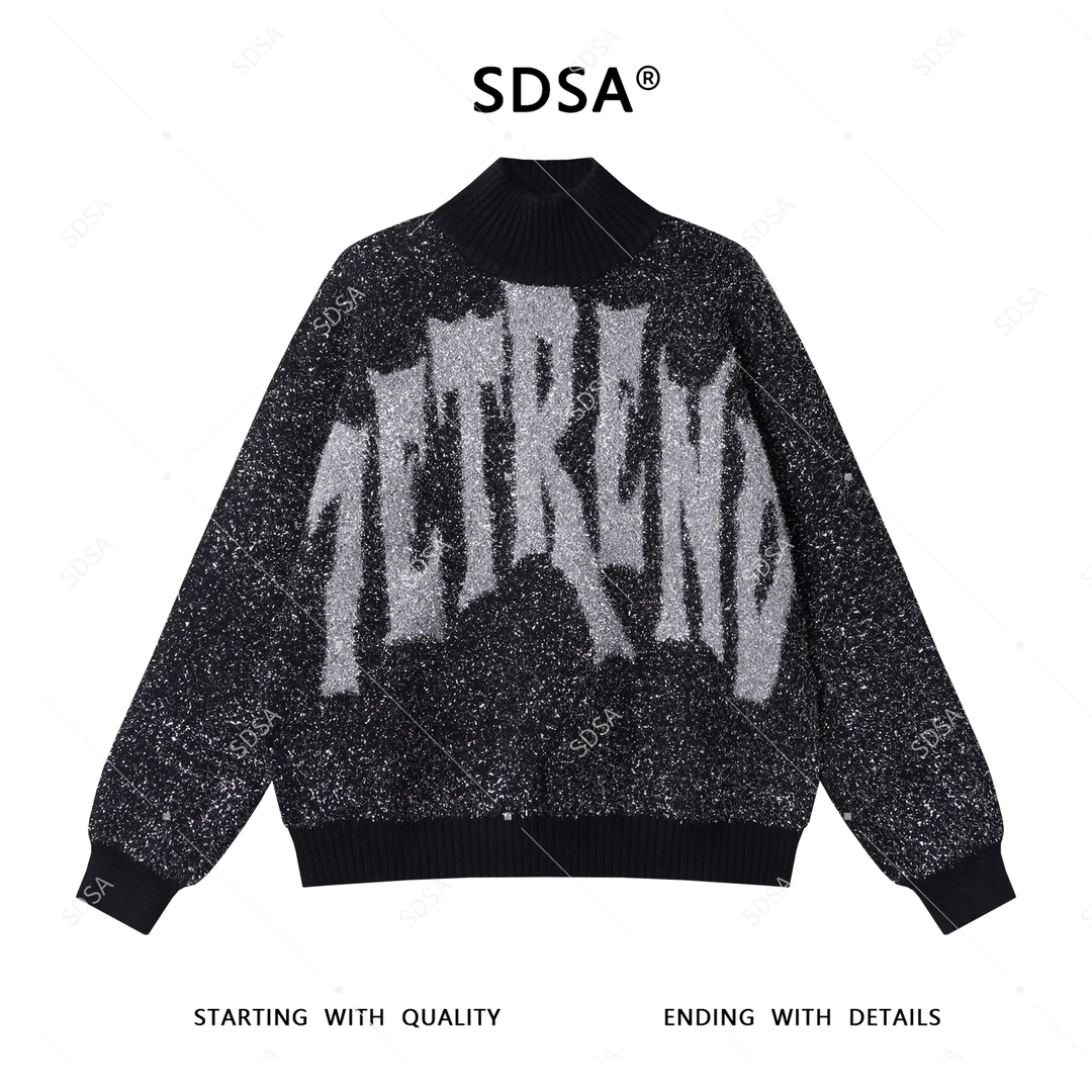 SDSA秋冬新款男士痞帅美式半高领字母亮闪闪毛衣撞色针织上衣百搭