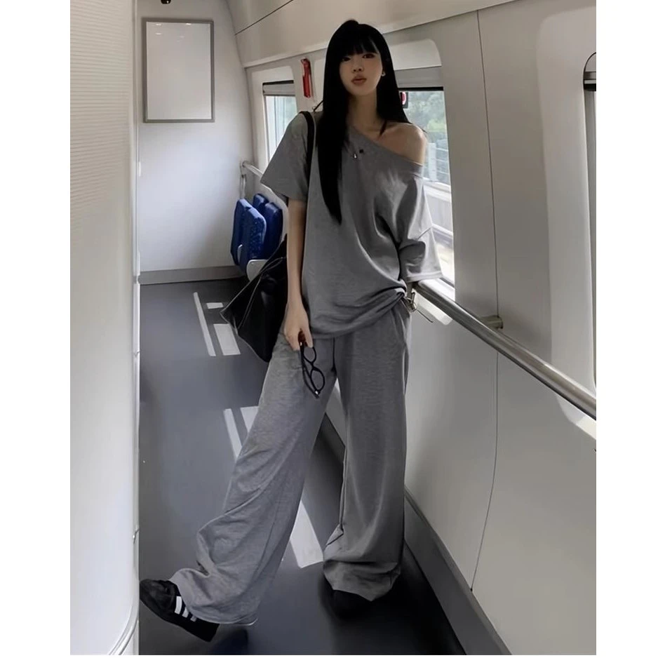 慵懒风休闲套装女夏季薄款露肩T恤新款灰色长裤百搭宽松两件套潮