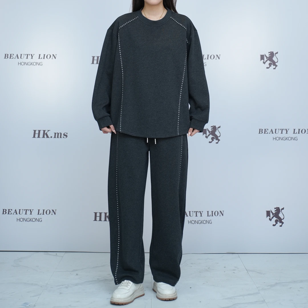 2025H·K美狮潮牌时尚秋季港风气质舒适圆领拼接感休闲套装