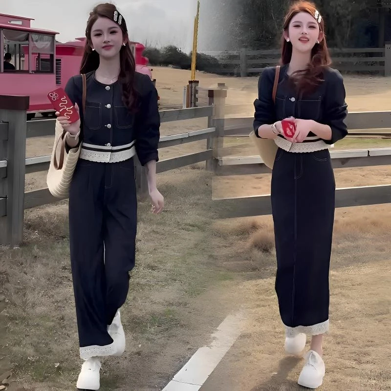 高级感时尚牛仔套装女早春新款蕾丝花边短外套高腰裤子减龄两件套