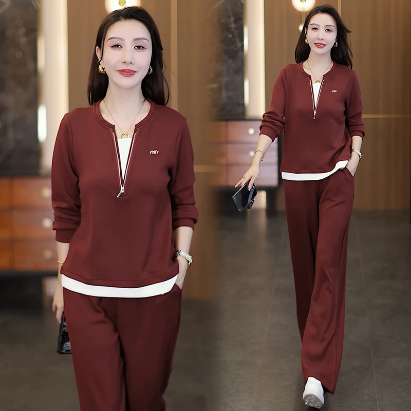 休闲套装2025秋季新款简约大码气质减龄假两件卫衣阔腿裤两件套