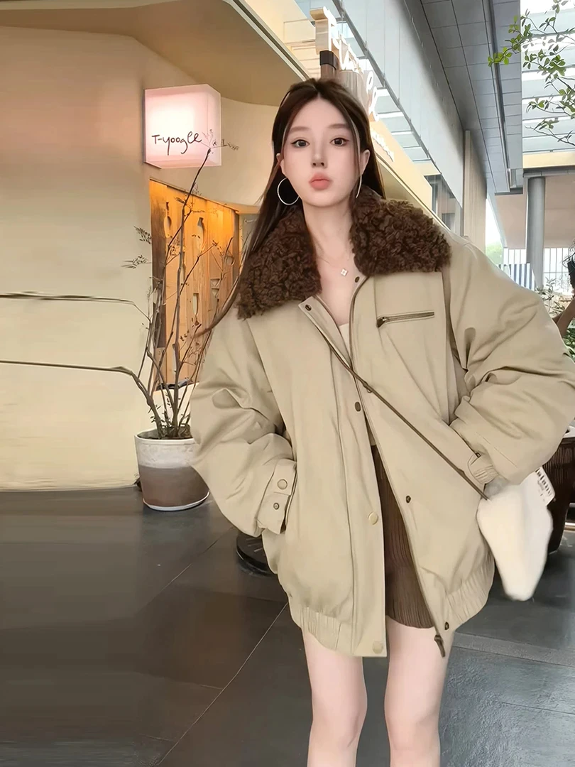 2026冬季新款韩版小个子气质宽松休闲加厚保暖短款毛边翻领外套
