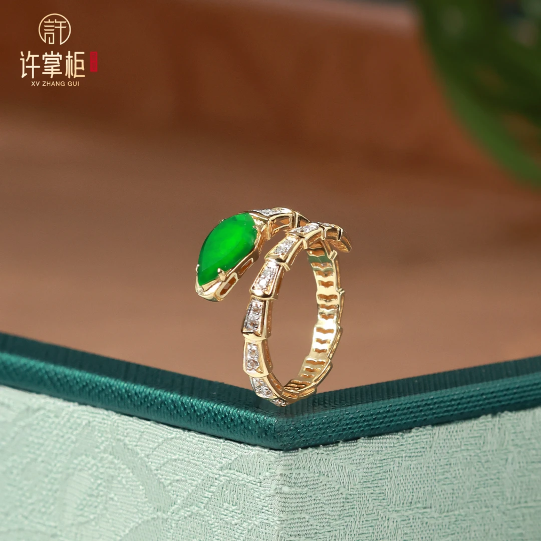 YGY｜瑞翠祥蛇 18K金翡翠戒指天然缅甸翡翠A货蛇形配饰原创气质