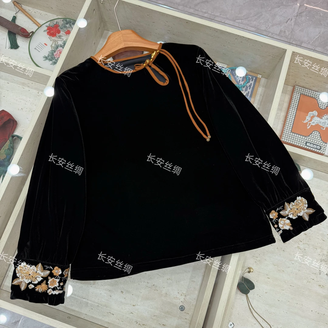 【长安】新中式国风圆领百搭绣花绸缎衬衫上衣女FY491301